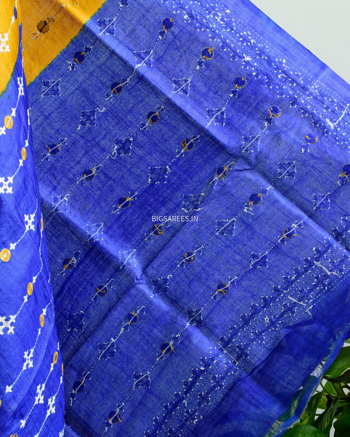 Kutchi Work Dupatta | Tussar Silk | Mustard\Blue