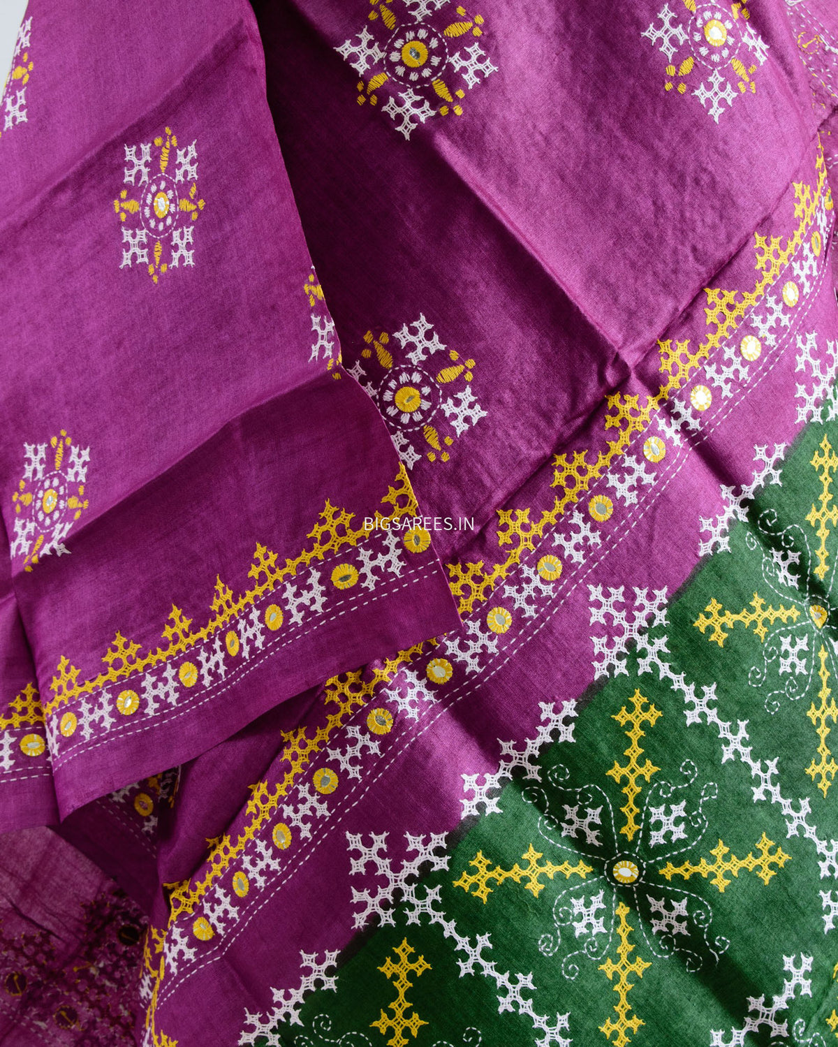 Kutchi Work Dupatta | Tussar Silk | Violet/Green