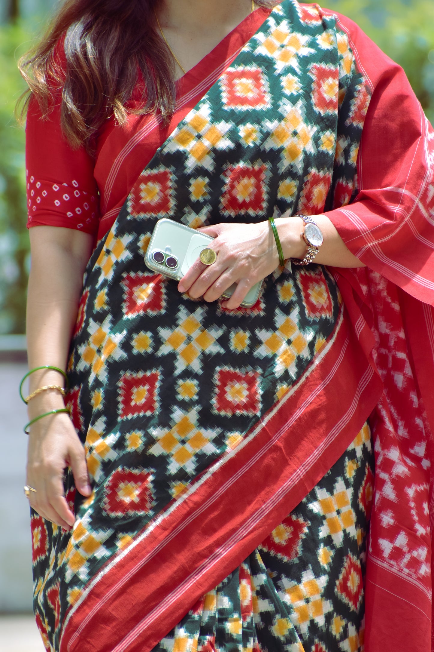 Telia Rumal Pochampally Double Ikat Saree | Handloom Cotton | Green