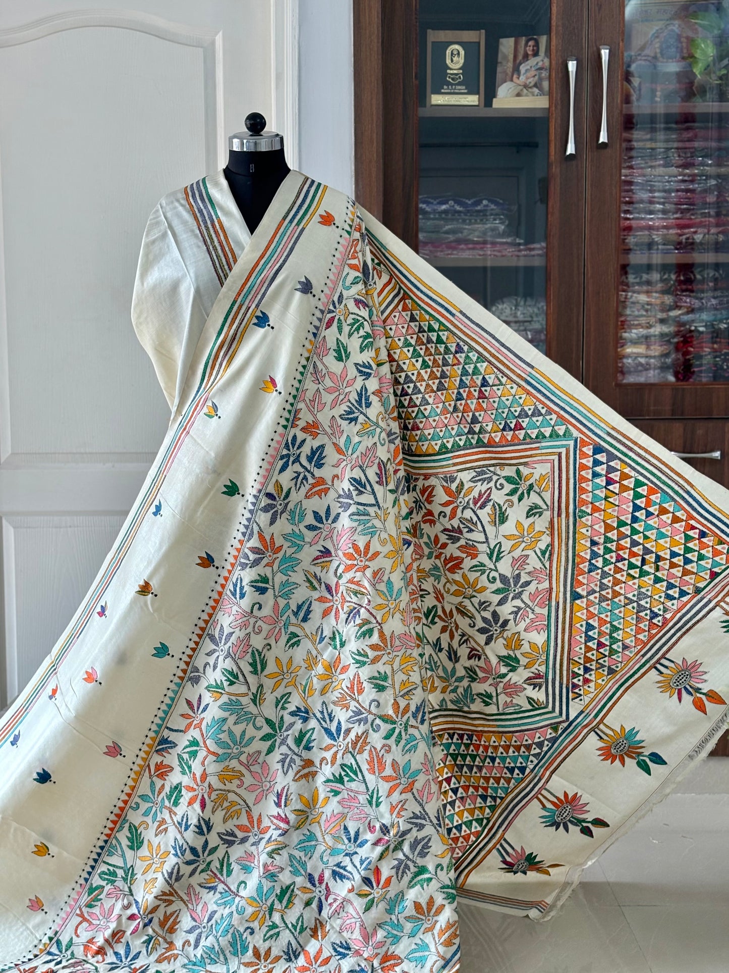 Off White Kantha Hand Embroidered Pure Tassar Silk Saree