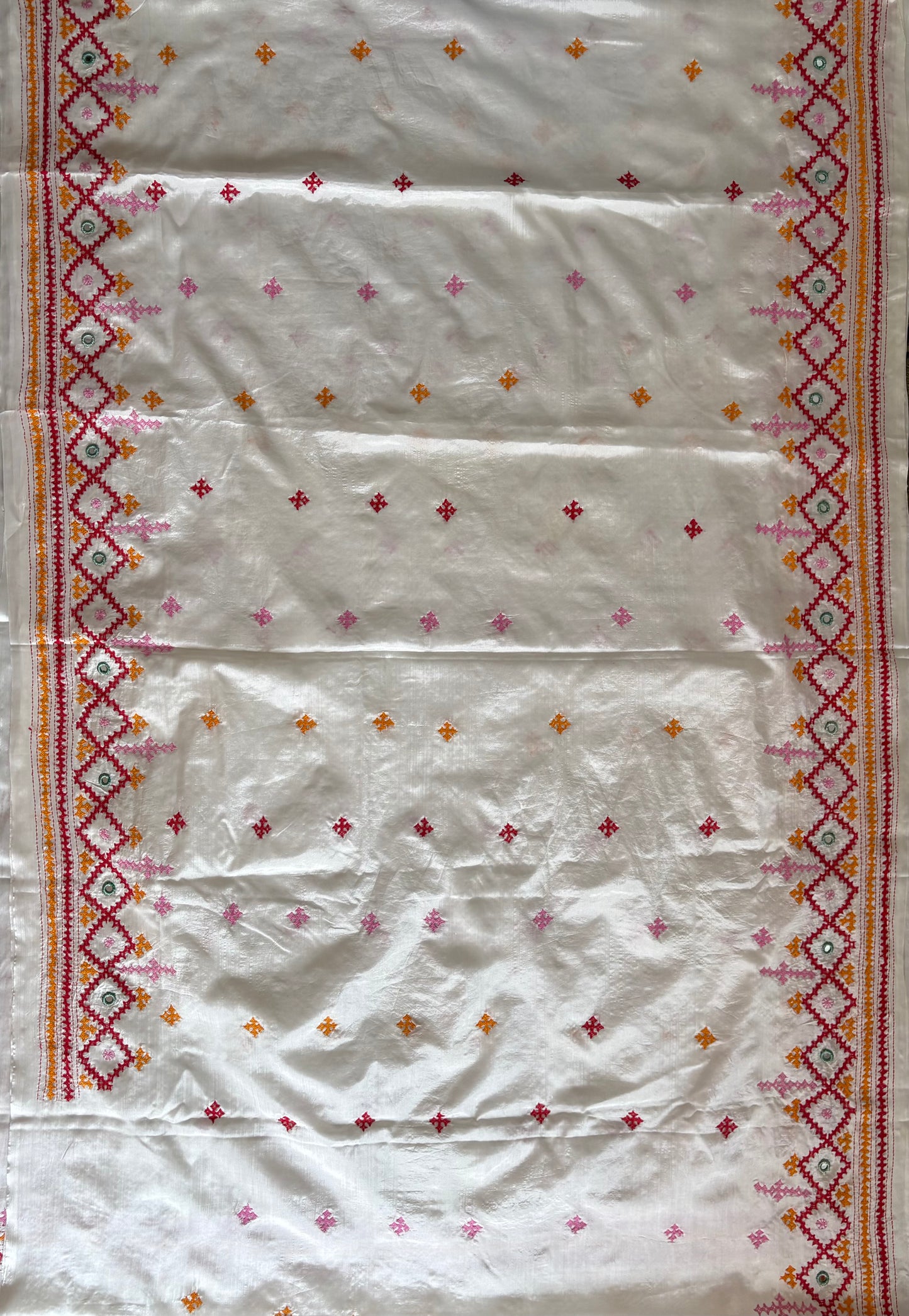 Real mirror work Kutchi Bhara Hand Embroidered Art Silk Saree- Off white