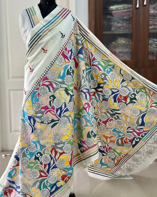 Off white Kantha Stitch Saree on Hand Art Silk