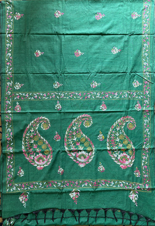 Kantha stitch Khadi Cotton Saree - Green