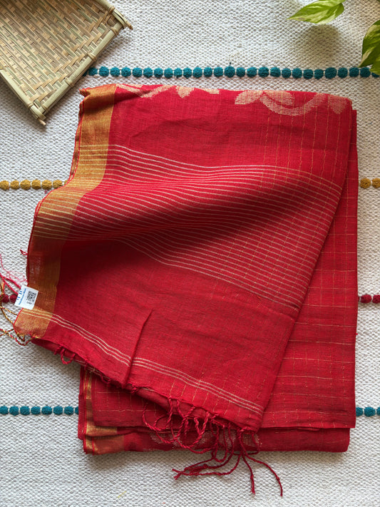 Handloom woven pure Linen By Linen Lata Saree – Red (Handloom Marked)