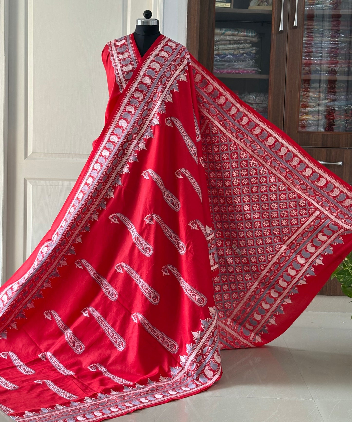 Red Kantha Stitch Hand Embroidered Pure Banglore Silk Saree (Silk Marked)