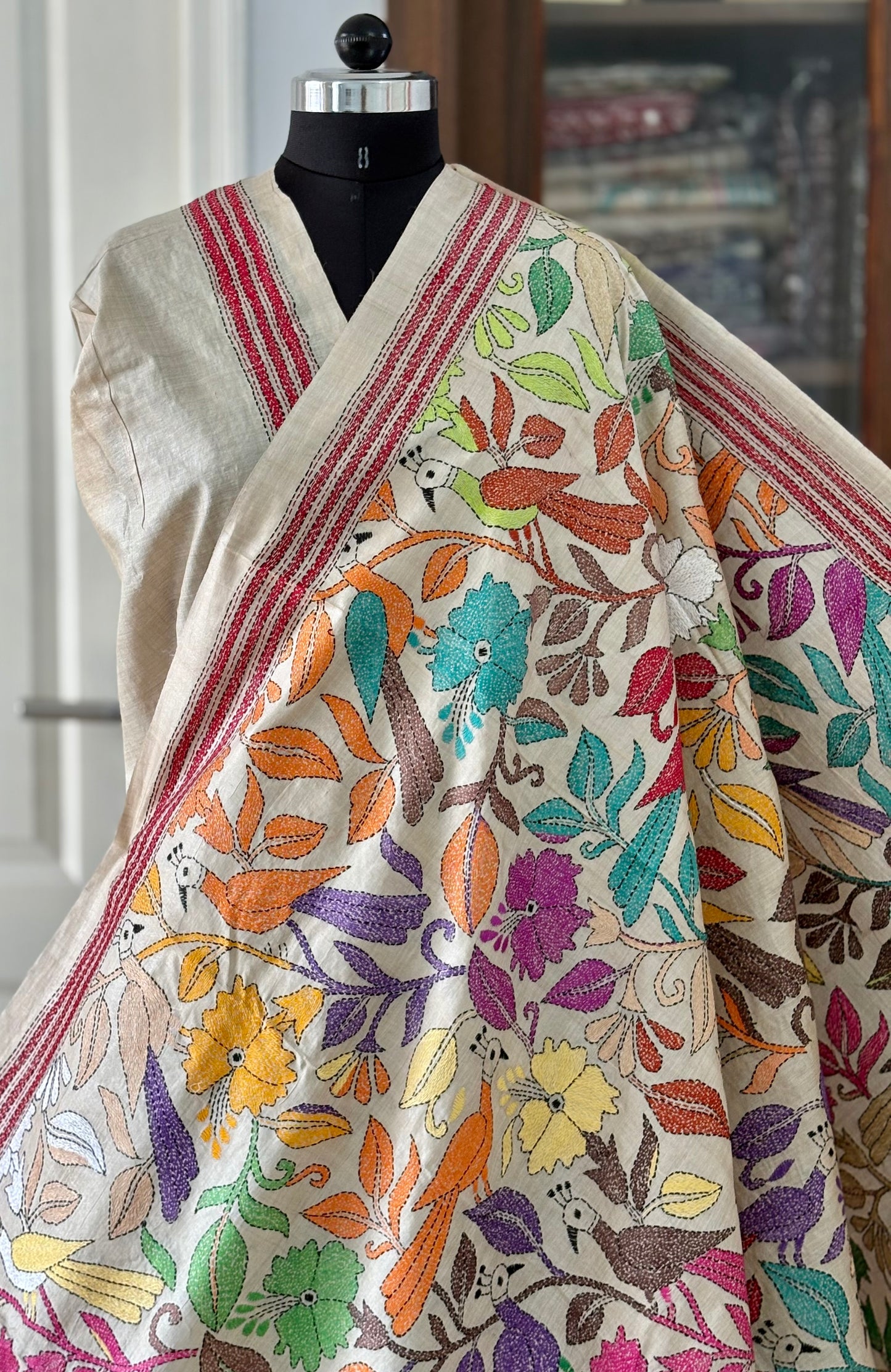 Kantha Hand Embroidered Pure Gachi Tassar Silk Saree - Silk Marked