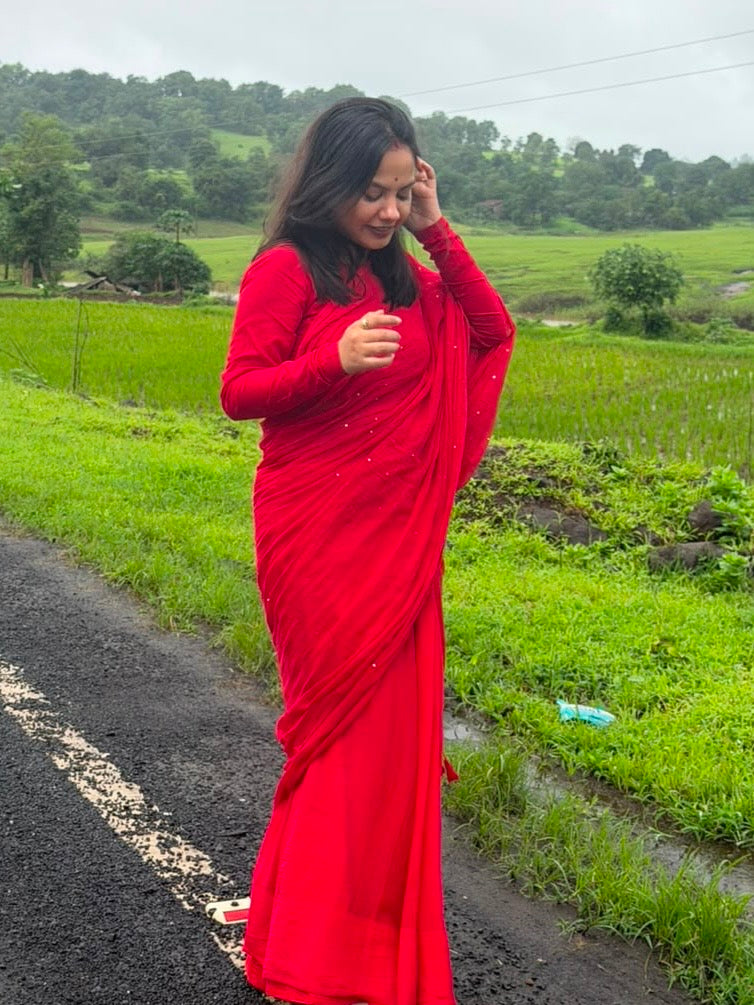 Jonaki Mul Cotton Saree With Ikat Blouse | Ultra Lightweight | Red