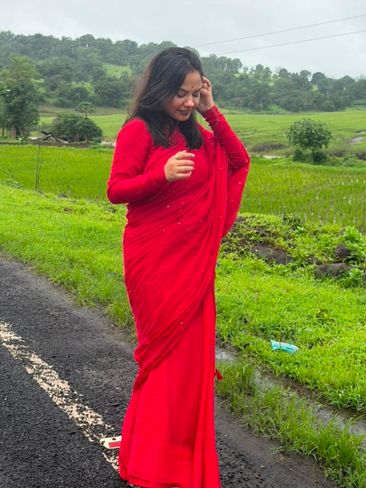 Jonaki Mul Cotton Saree With Ikat Blouse | Ultra Lightweight | Red