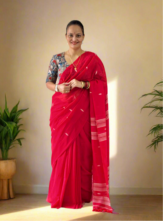 Handloom Mul Cotton Jamdani Butta Saree - Red