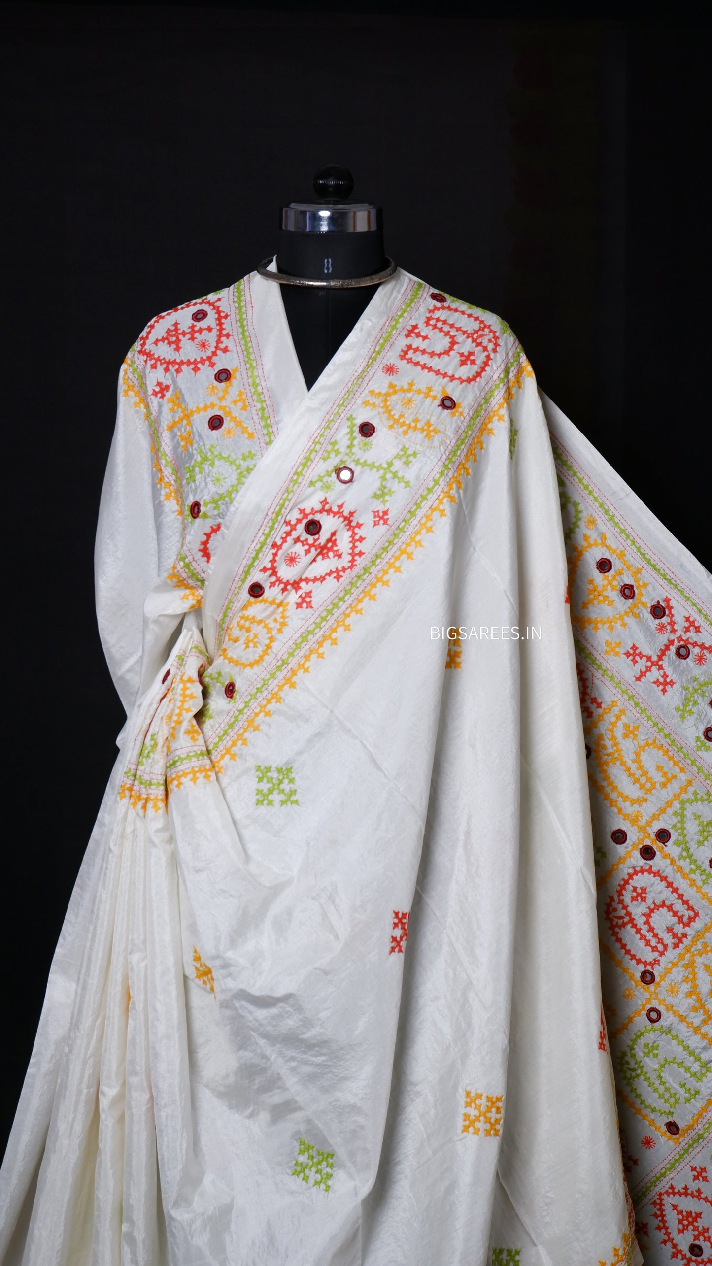 Heavy real mirror work Gujrati Stitch/Kutchi Bharat/Sindhi Hand Embroidered Art Silk Saree with blouse - off white