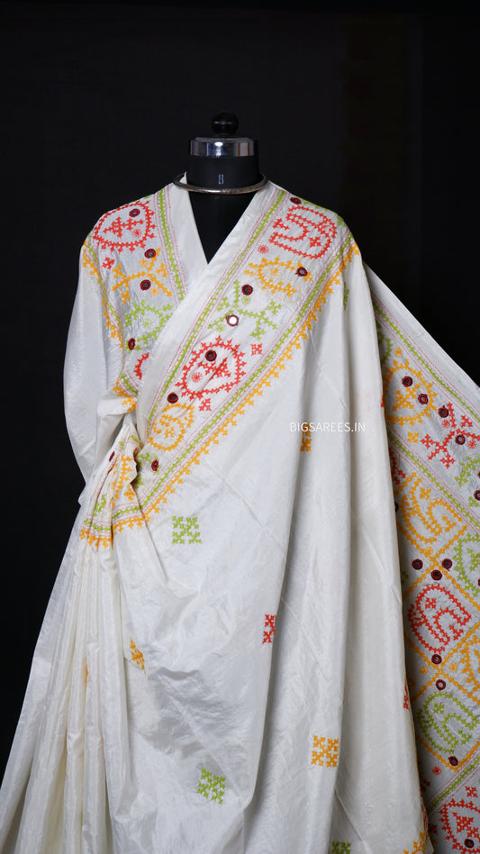 Heavy real mirror work Gujrati Stitch/Kutchi Bharat/Sindhi Hand Embroidered Art Silk Saree with blouse - off white