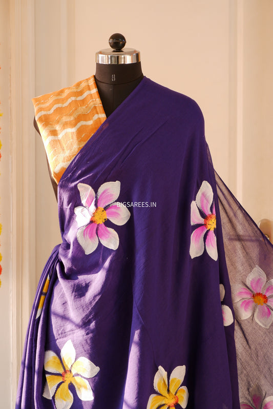 Hand Painted Mul Cotton Saree with Blouse | blue