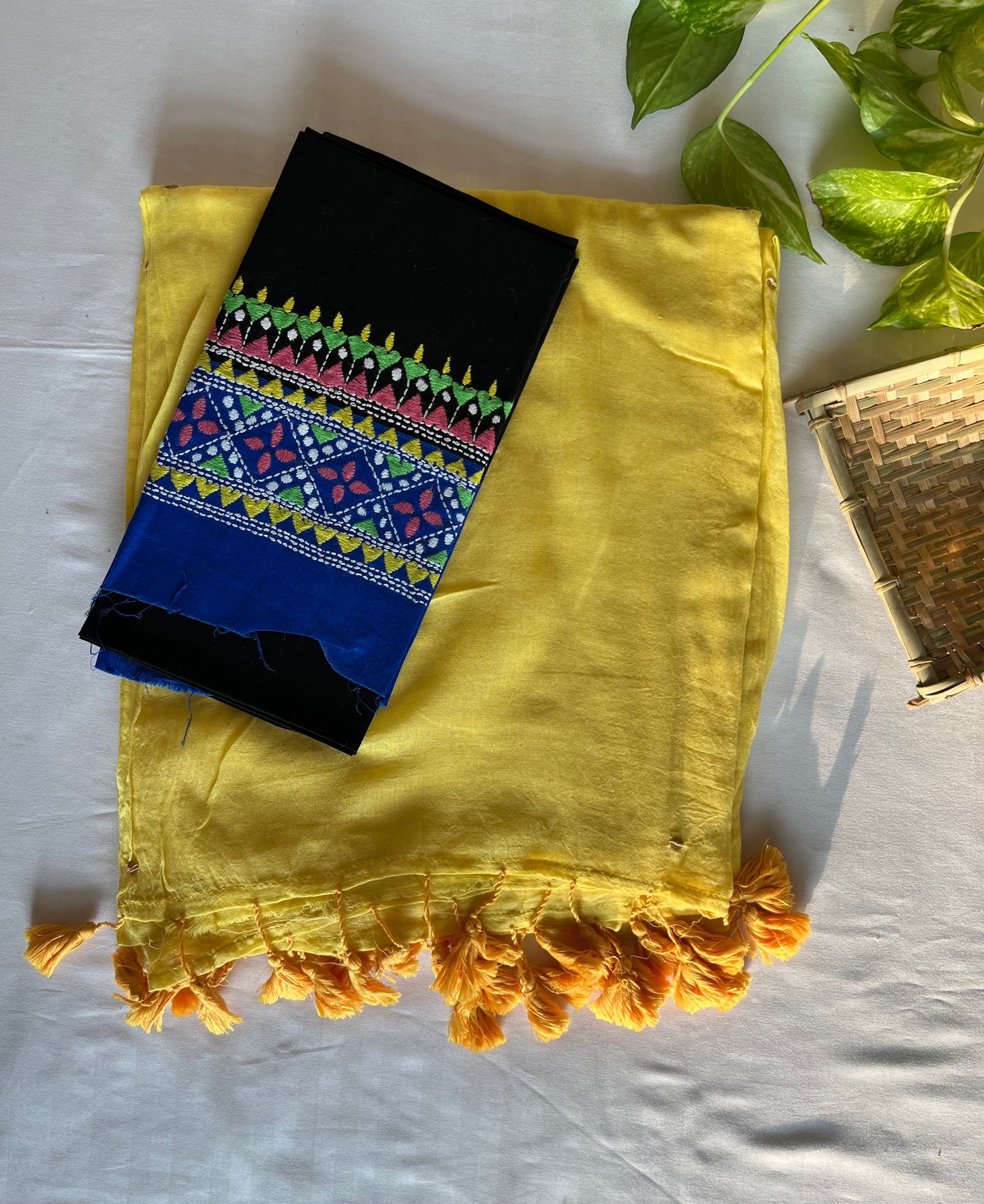 Yellow Plain Mul Cotton Sitara Saree with Kantha blouse piece