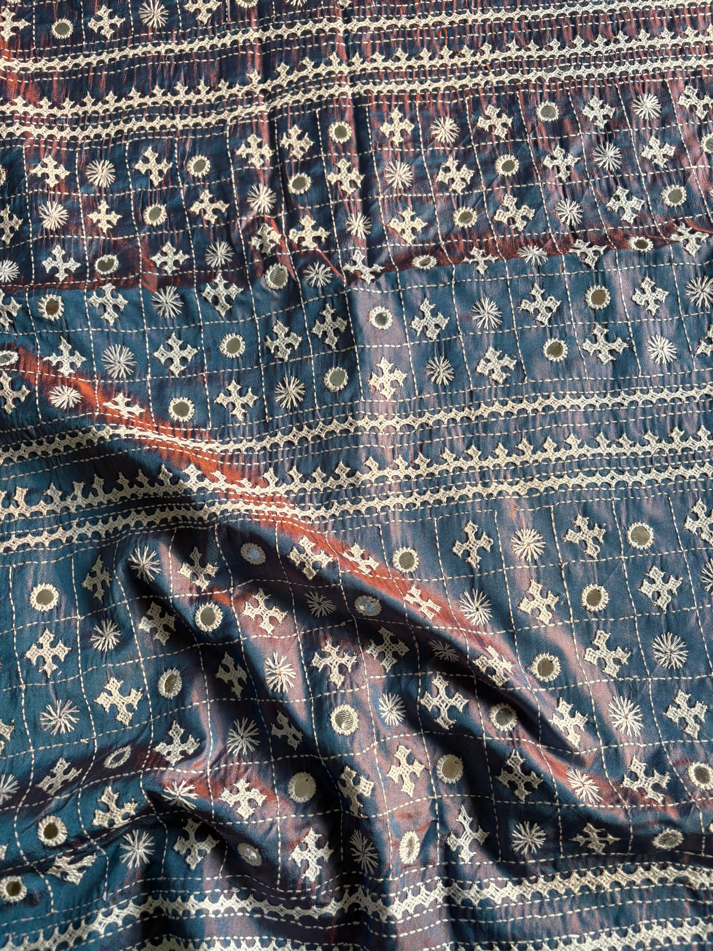 Gujrati Stitch/Kutch Hand Embroidered Art Silk Saree