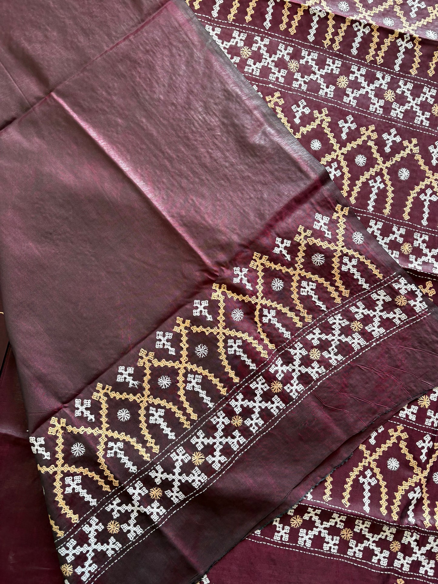 Gujrati Stitch/Kutch Hand Embroidered Art Silk Saree