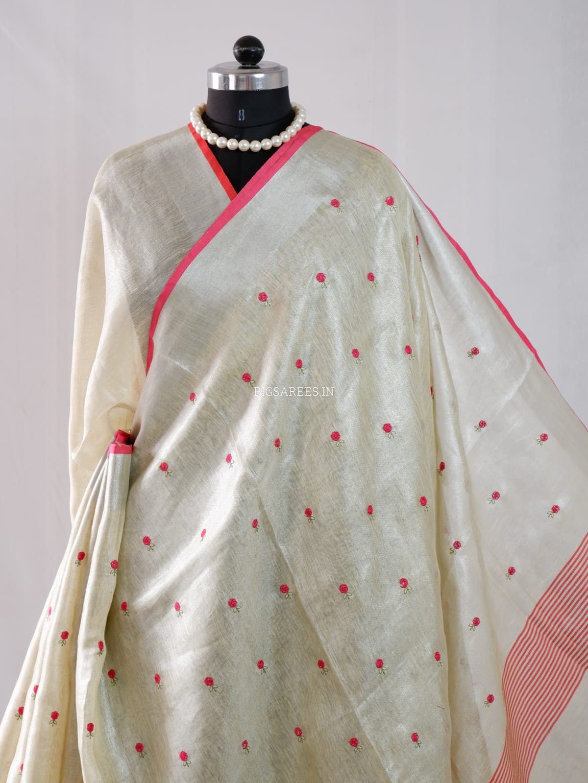 Tissue Linen Blend machine embroidered Saree | Pearl Cream