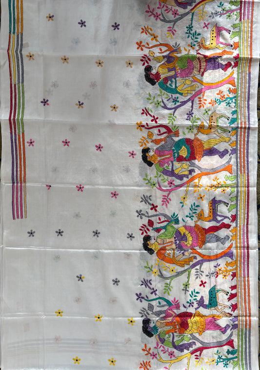 Kantha Hand Embroidered Blended Banglore Silk/Art Silk Saree With Blouse