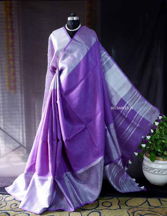 Lavender silver pure Linen By Linen Saree With running Blouse