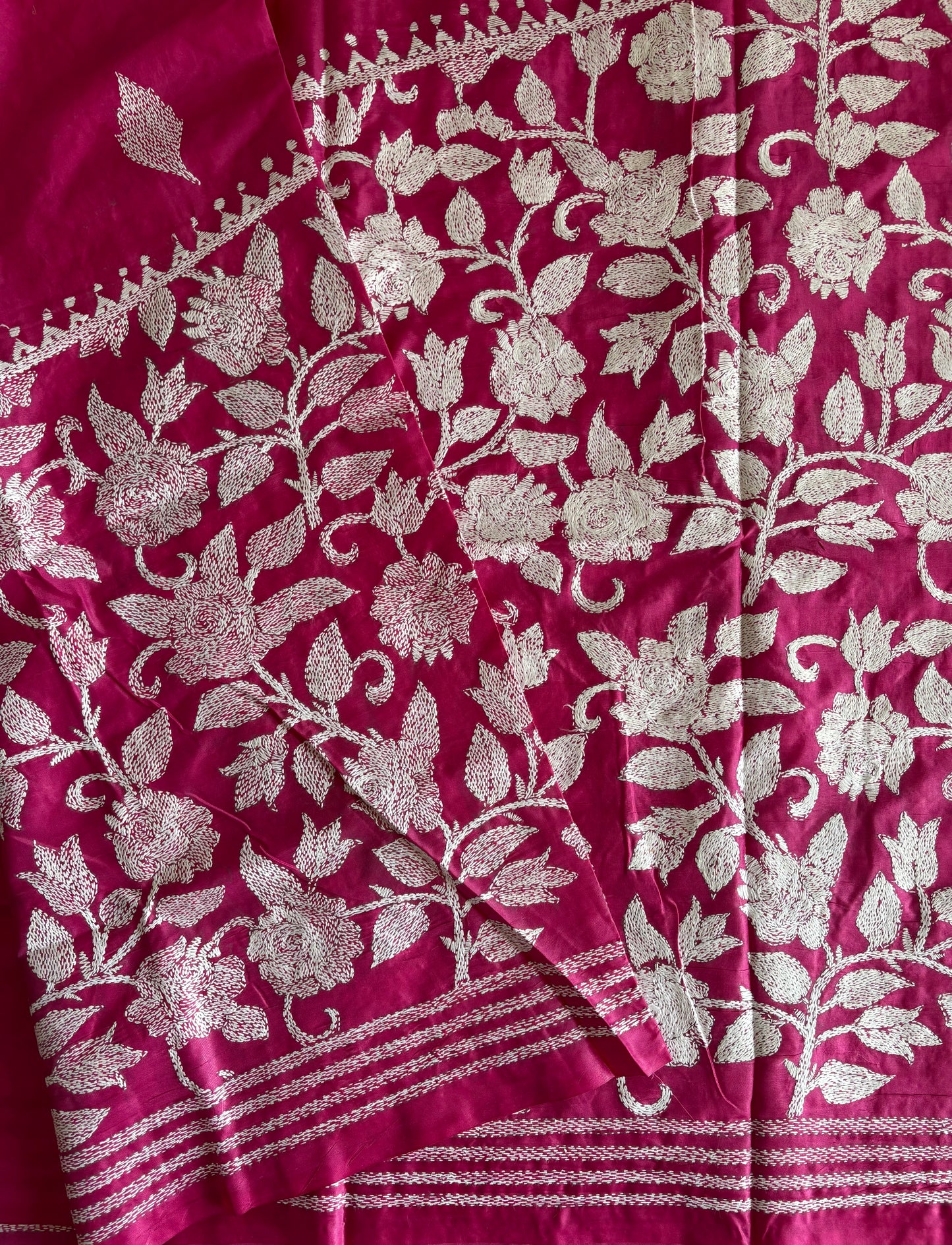 Kantha Hand Embroidered Blended Banglore Silk/Art Silk Saree With Blouse