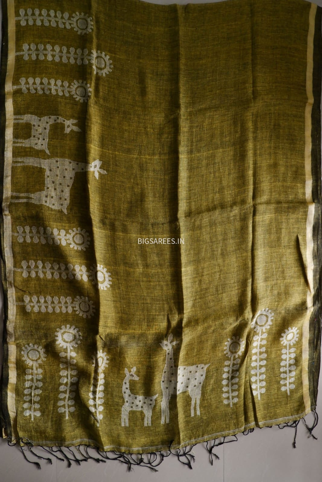 Pure Jayshree Linen Saree | Jamdani pattern | Mehandi Green