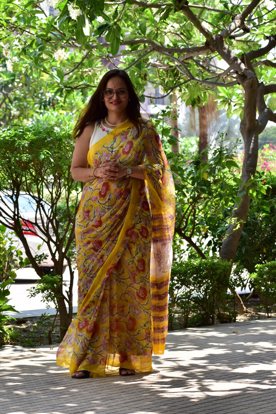 Hand Block Print Saree | Pure Chiffon | Yellow
