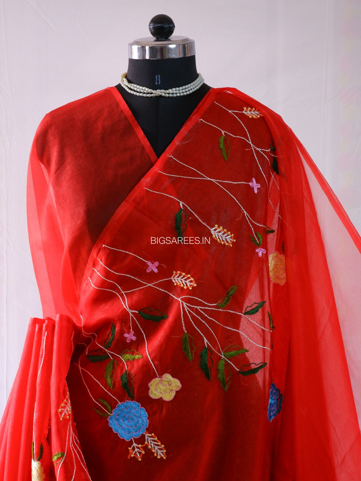 Designer Embroidered Semi Organza Silk Saree | Red