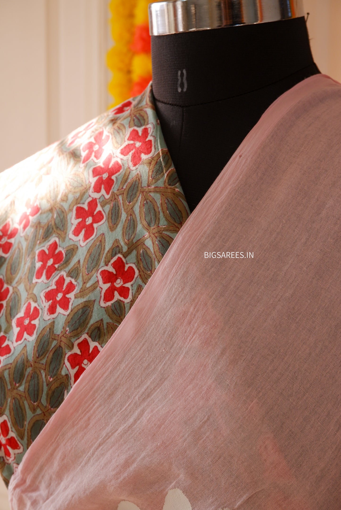 Hand Painted Mul Cotton Saree with Blouse | Pink