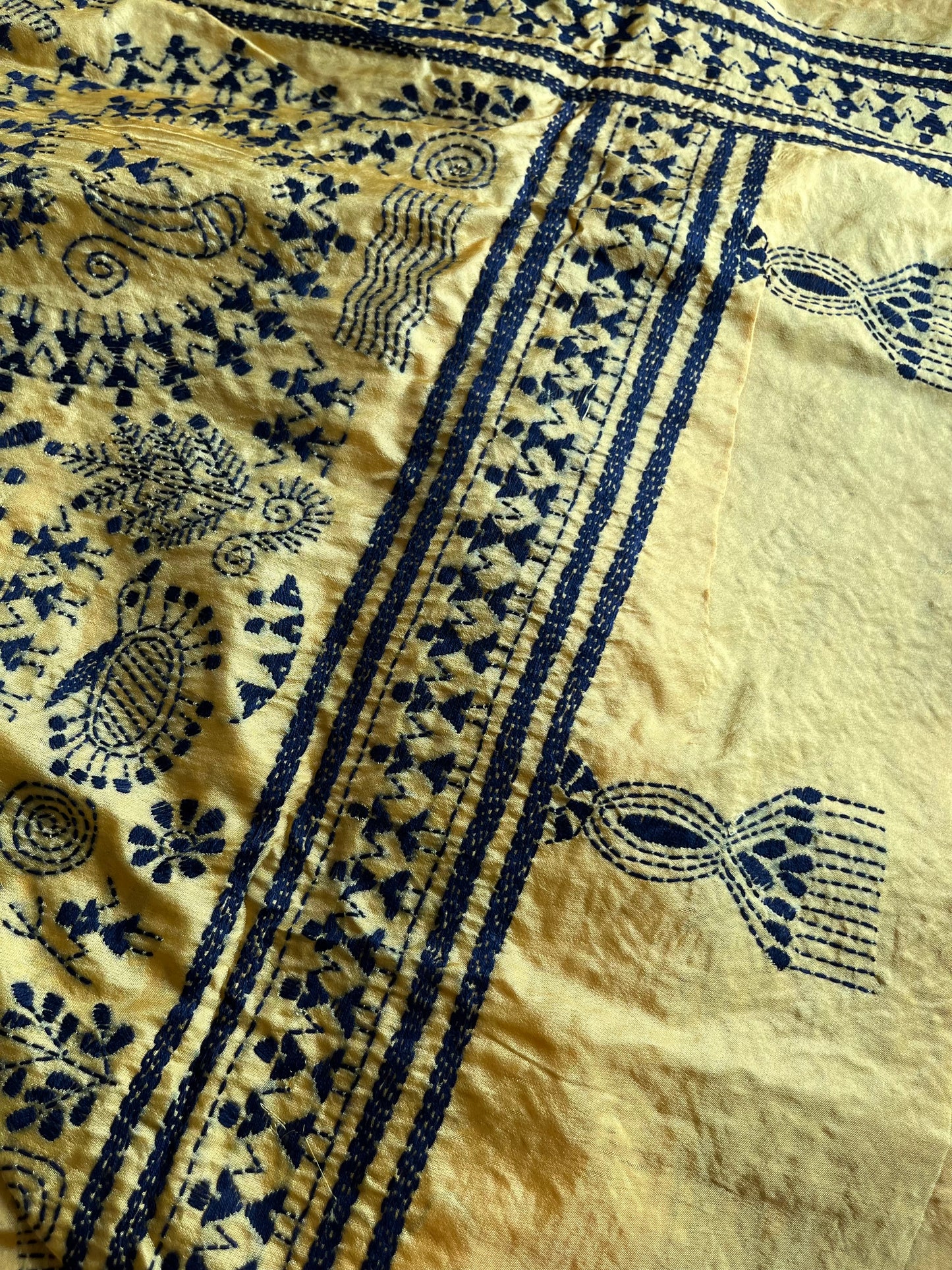 Yellow Kantha Hand Work Embroidered Art Silk Saree With Blouse