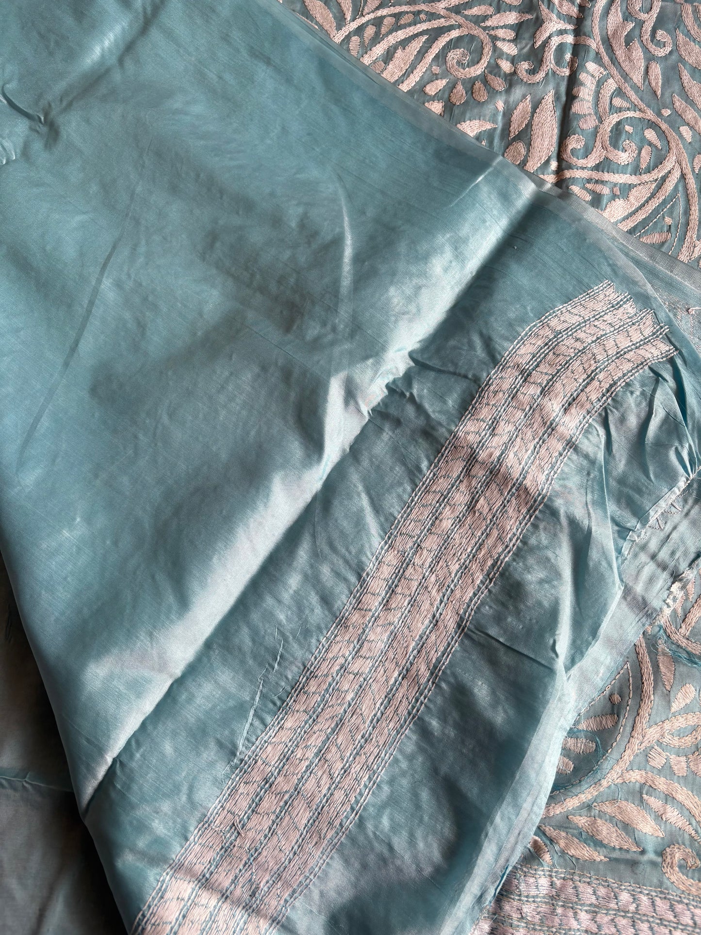 Kantha Stitch Hand Work Embroidered Art Silk Saree With Blouse