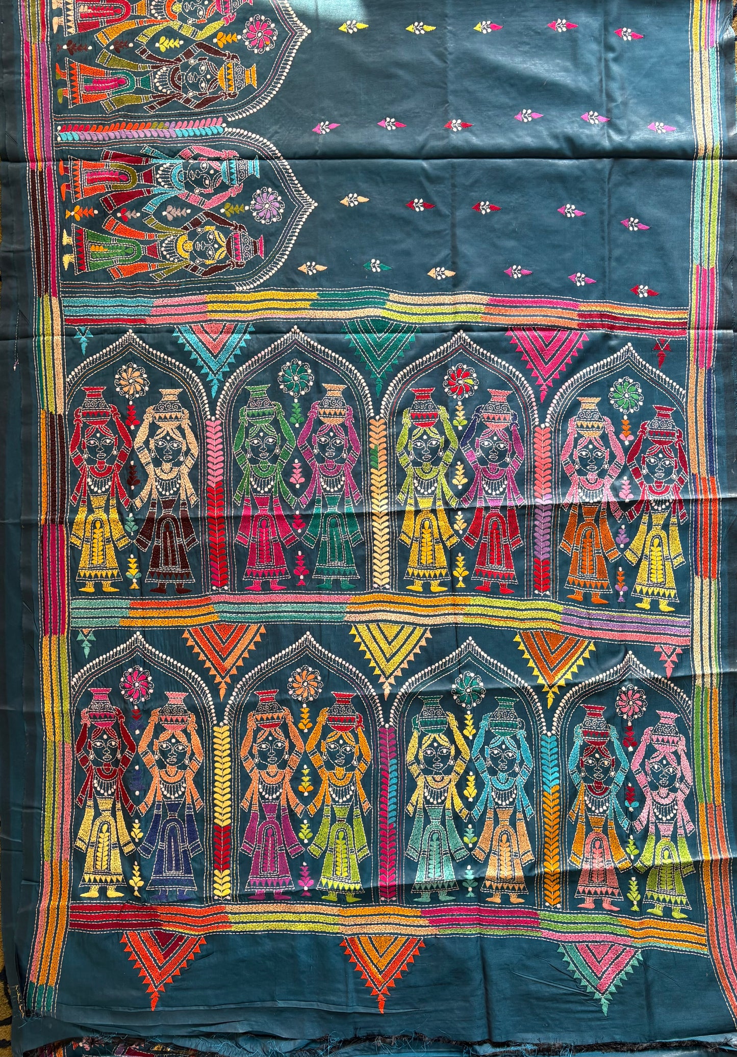 Kantha Hand Embroidered Blended Banglore Silk/Art Silk Saree With Blouse