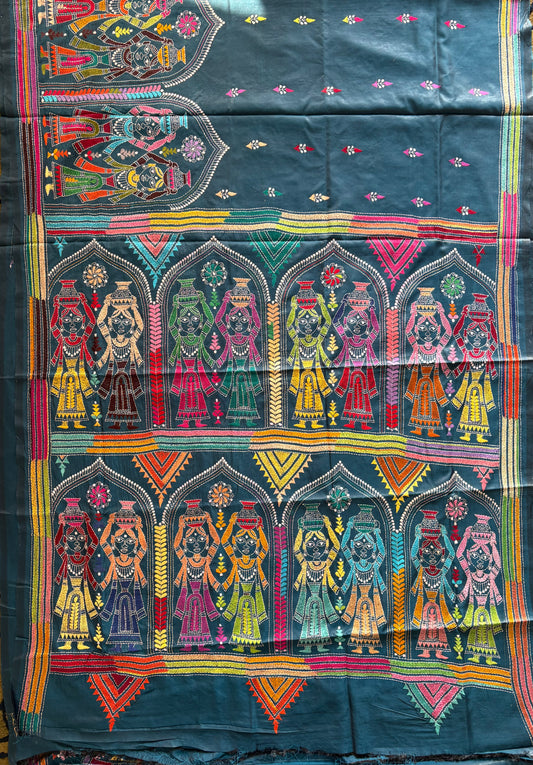 Kantha Hand Embroidered Blended Banglore Silk/Art Silk Saree With Blouse