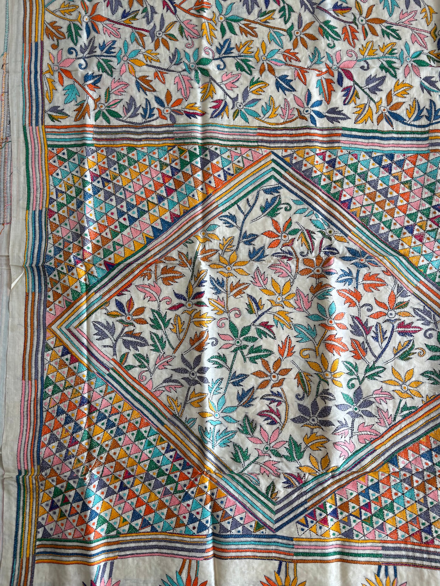 Off White Kantha Hand Embroidered Pure Tassar Silk Saree