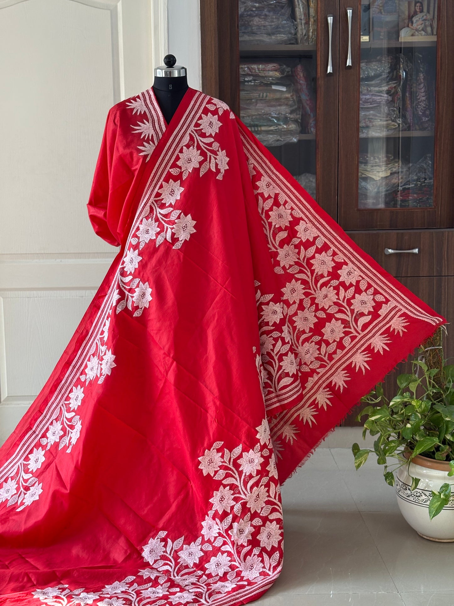 Kantha Stitch Hand Embroidered Pure Banglore Silk Saree (Silk Marked)