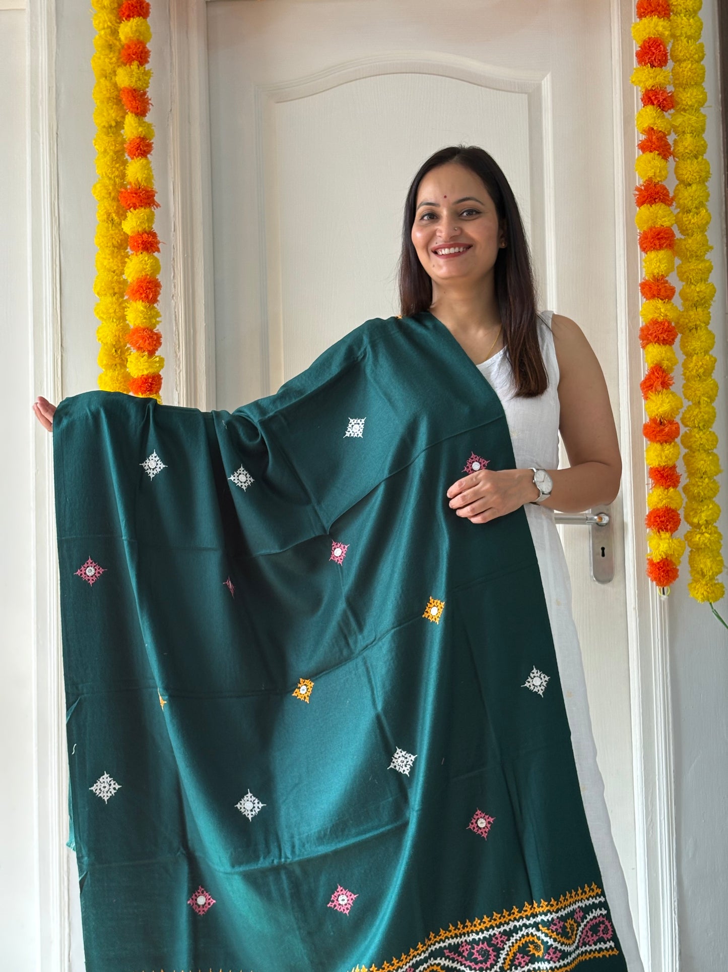 Gujrati Stitch Hand Embroidered Woollen Warm Shawl (Rama green)