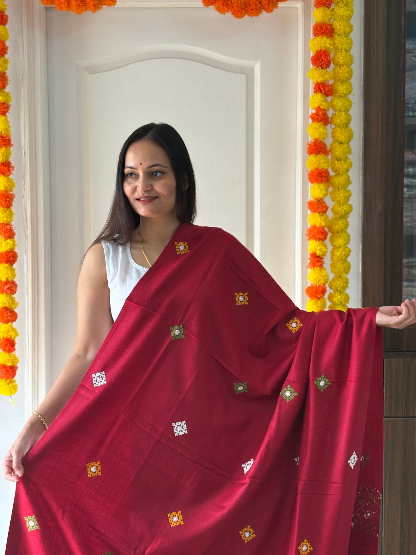 Gujrati Stitch Hand Embroidered Woollen Warm Shawl