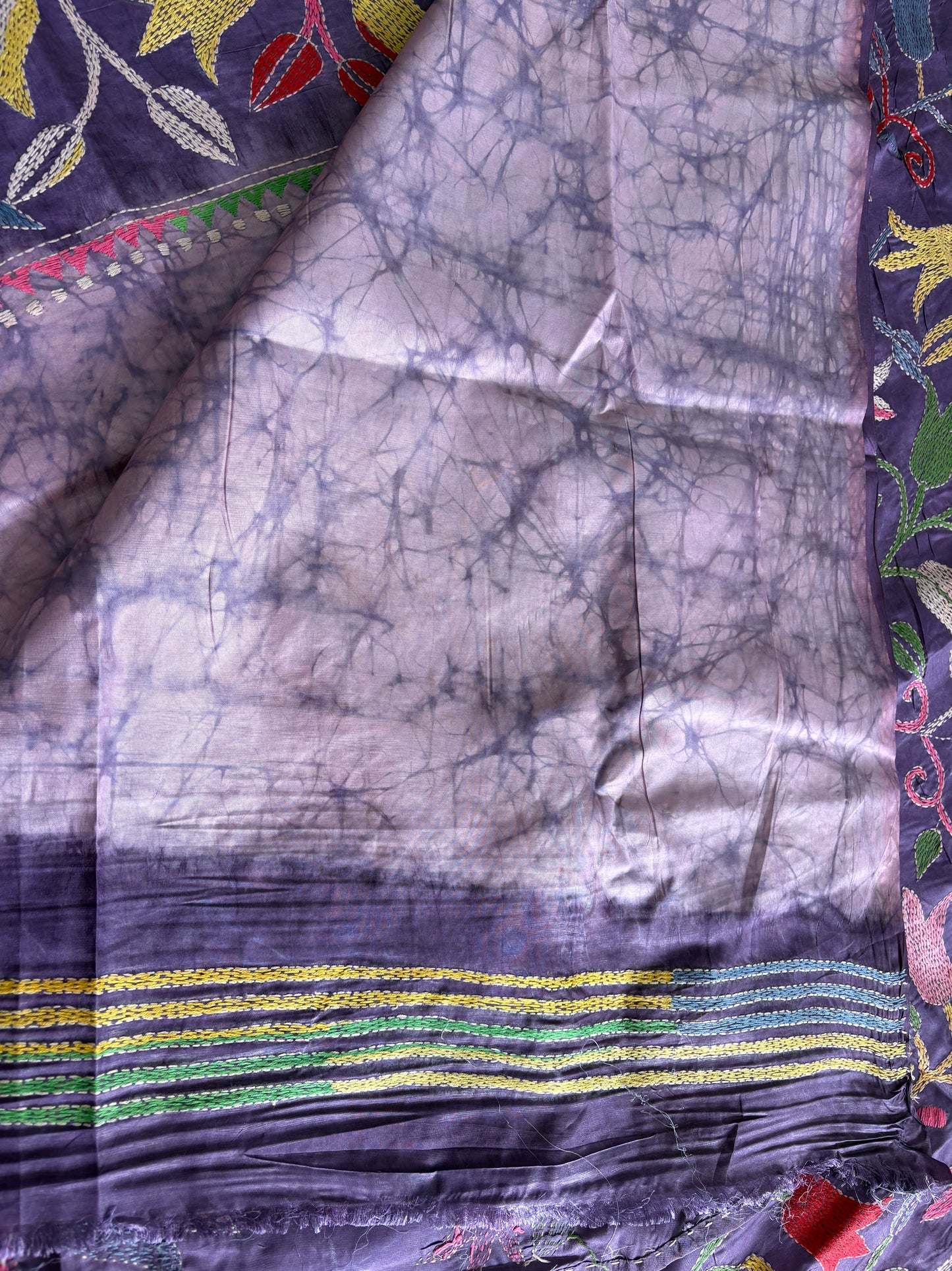 Kantha Hand Embroidered Blended Banglore Silk/Art Silk Saree With Blouse