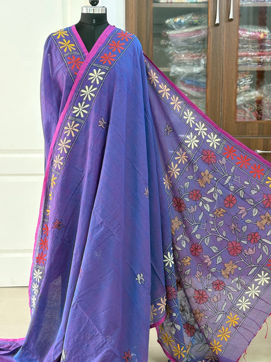 Kantha stitch Hand Embroidered Pure mul Cotton Saree