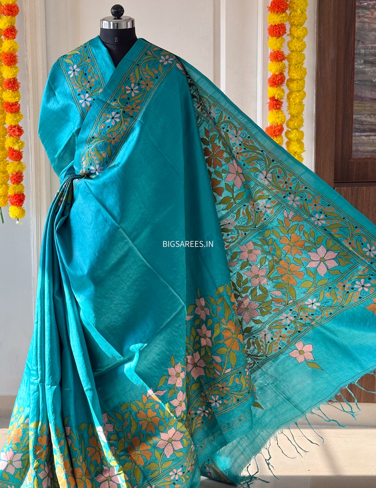 Kantha Hand Embroidered Saree With Blouse | Pure Gachi by Gachi Tussar Silk | Silk Mark Certified | Blue