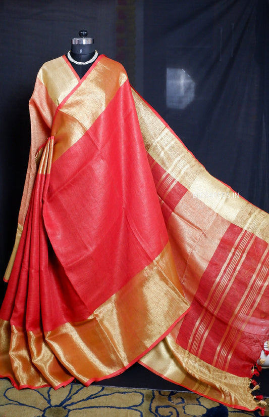 Red golden pure Linen By Linen Saree With running Blouse