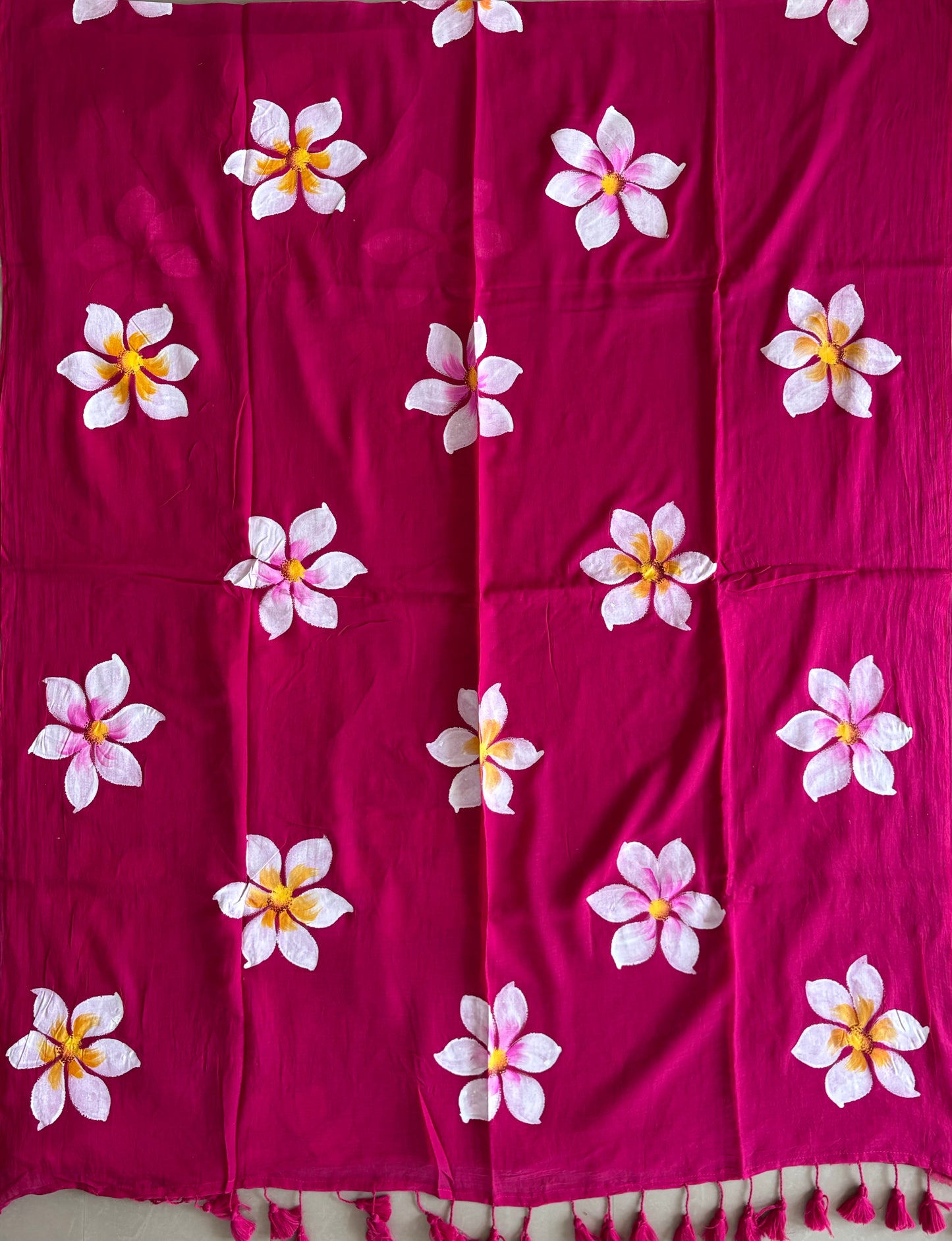 Hand Painted Mul Cotton Saree - Dark Pink