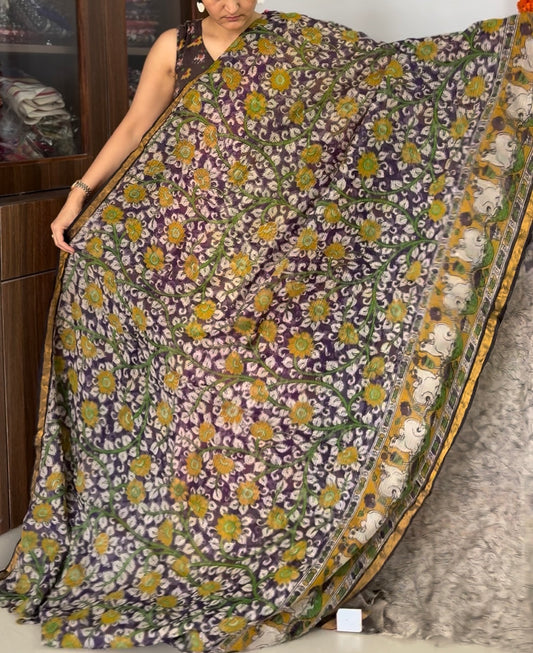 Kalamkari printed Kota doria Saree  with blouse