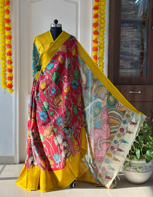 Pen Kalamkari hand painted Banglore Silk Saree with blouse