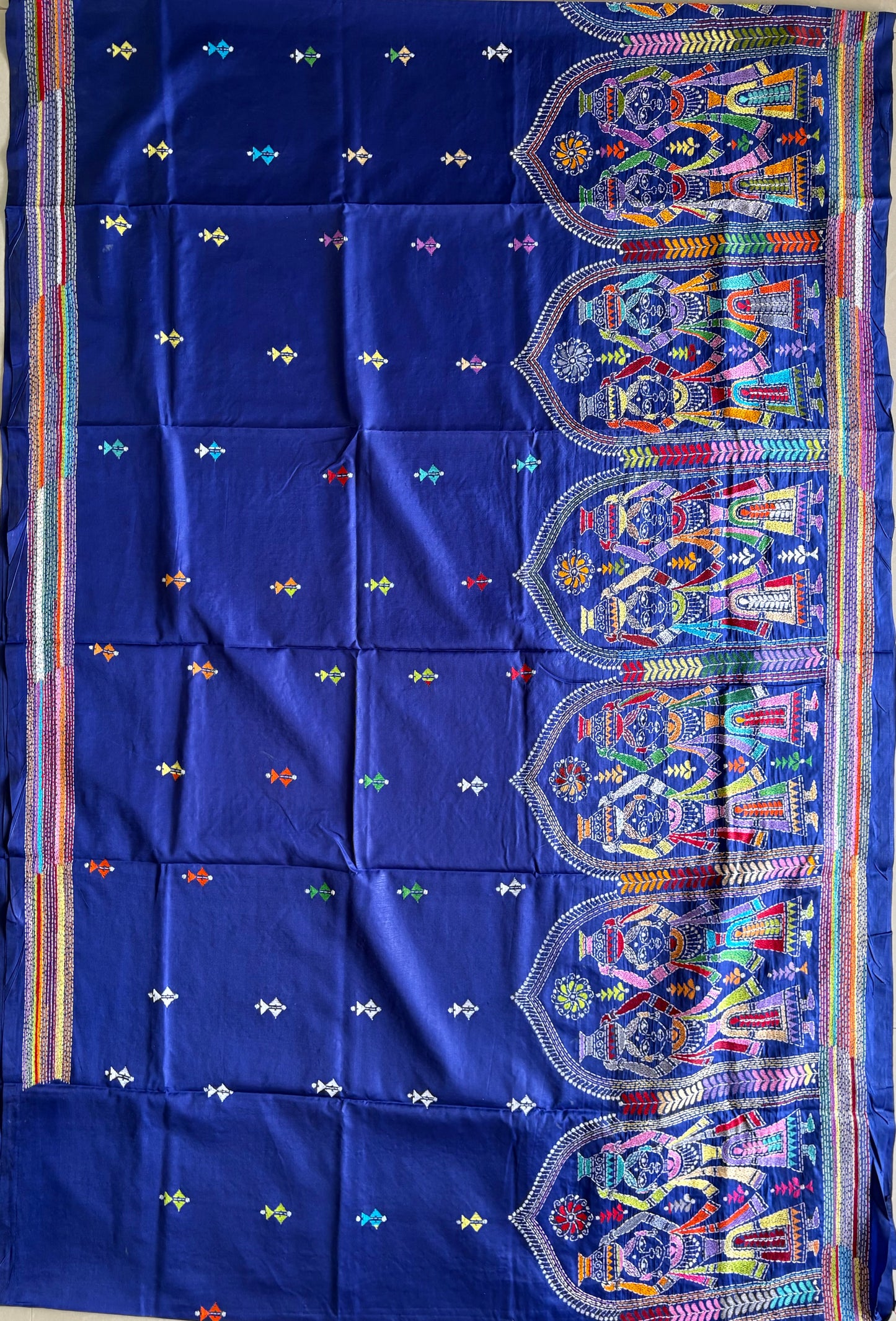 Royal Blue Kantha stitch Hand Work Art Silk Saree With Blouse