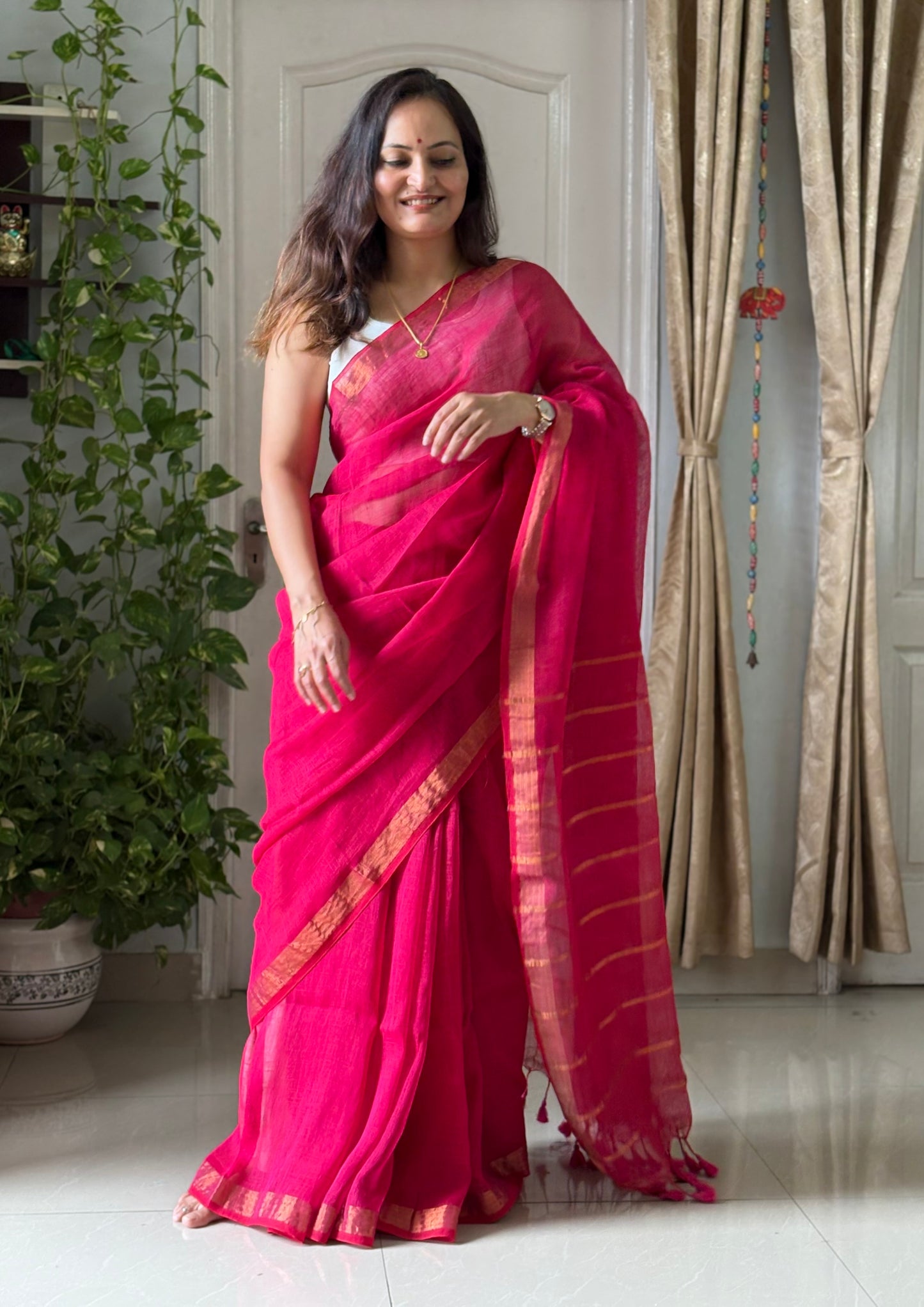 Linen By Linen Saree With Blouse - Rose Pink