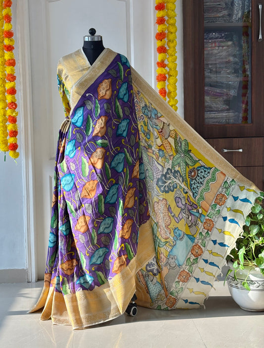 Pen Kalamkari hand painted Banglore Silk Saree with blouse