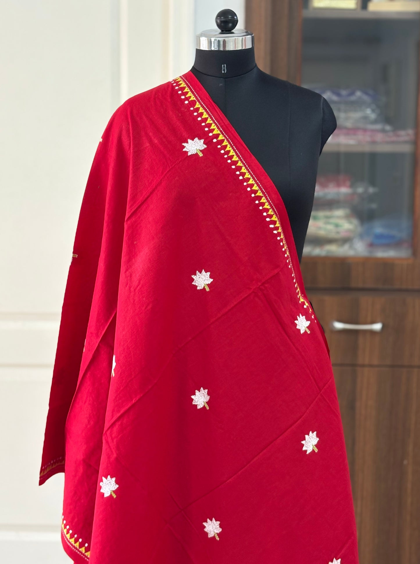 Kantha Hand Embroidary Full Work Pure Cotton Dupatta- Red “36”