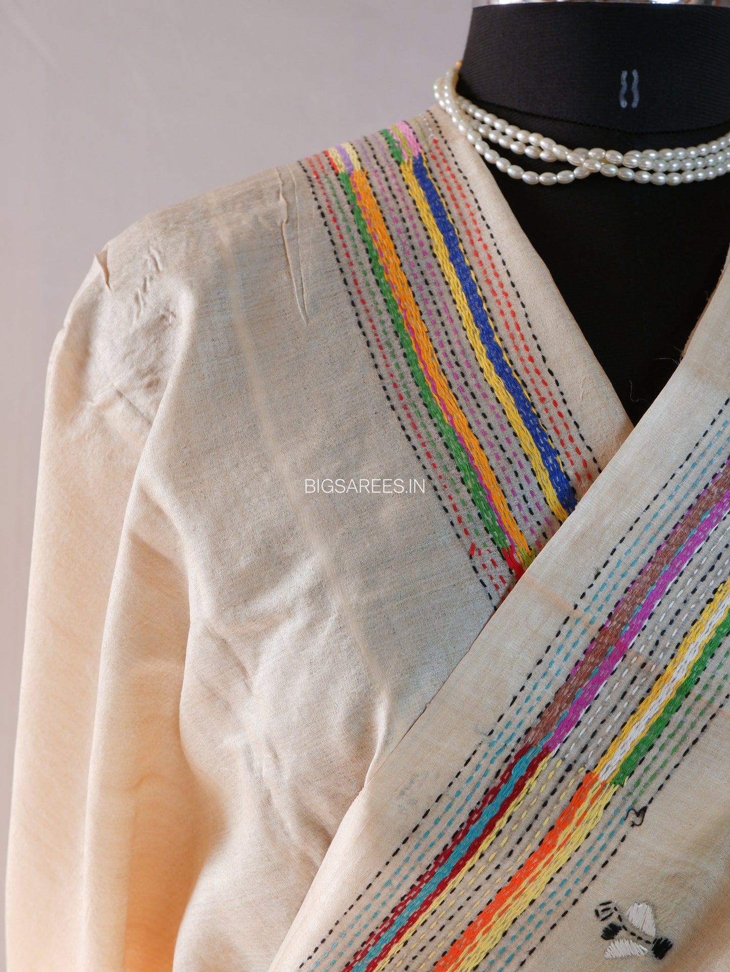 Kantha Stitch Hand Embroidered Saree | Pure Tussar Silk | Silk Mark Certified | Light Beige