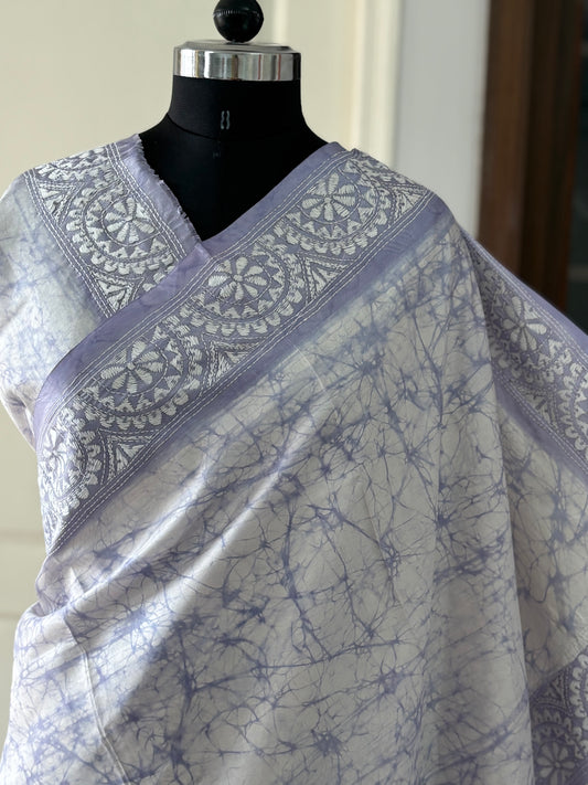 Kantha Stitch Hand Embroidered Art Silk Saree With Blouse