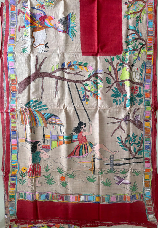Kantha Stitch Hand Embroidered Pure Gachi by Gachi Tassar Silk Saree (Silk Marked)