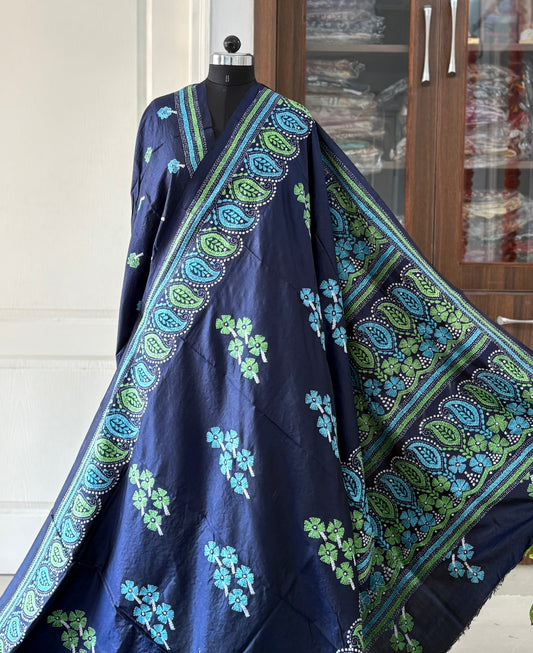 Kantha Stitch Hand Embroidered Pure Banglore Silk Saree (Silk Marked)